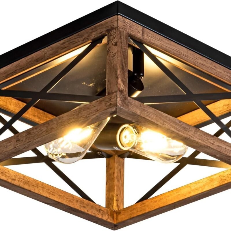 The Rustic Beam | 2-Light Wood & Black Metal Ceiling Light